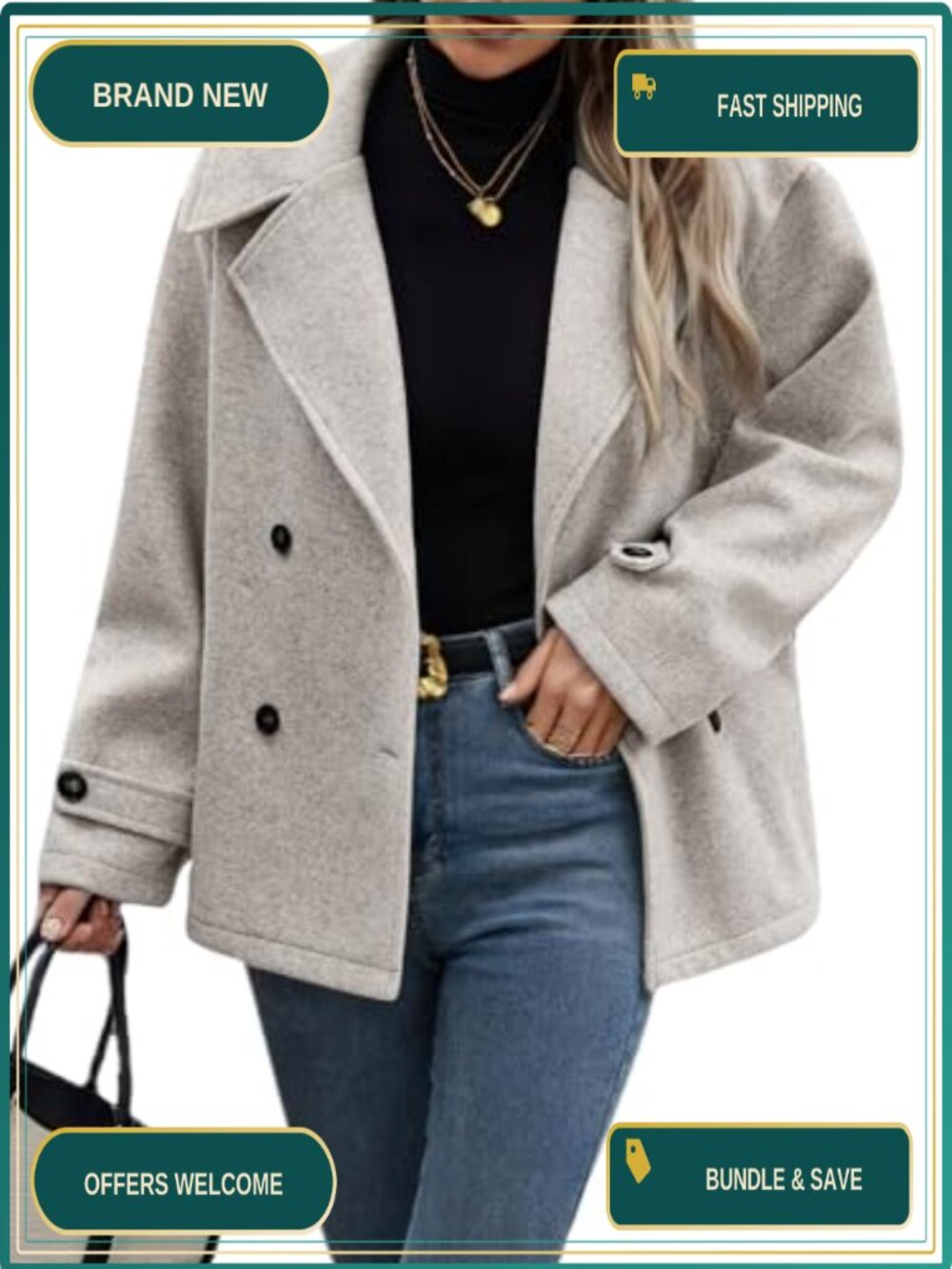 chouyatou Women's Cropped Wool Pea Coat Button Down Loose Fit Winter